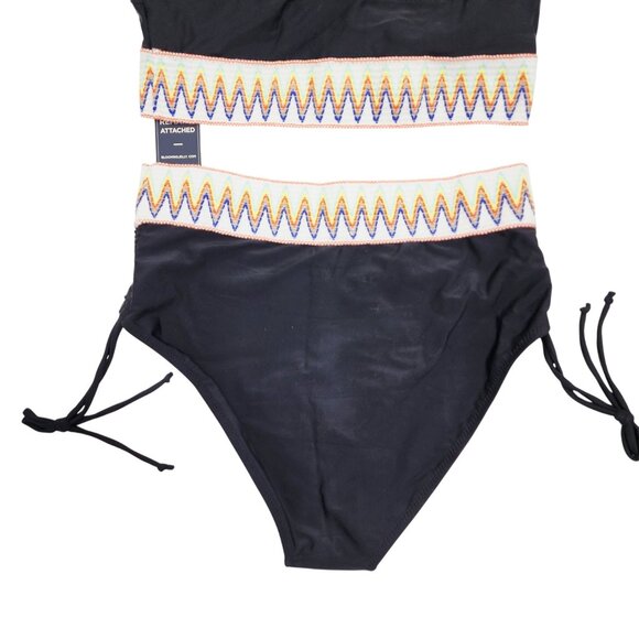 Black High-Waisted Bikini Set With Adjustable Straps & Chevron Accents Size M - Picture 5 of 7